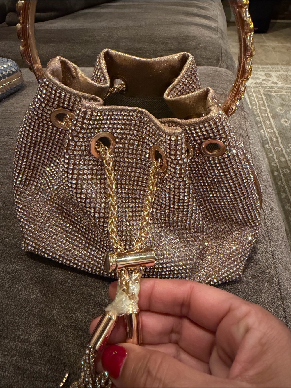 Embellished Rose Gold Mini Drawstring Bag with Crystal Handle - Picture 3 of 4